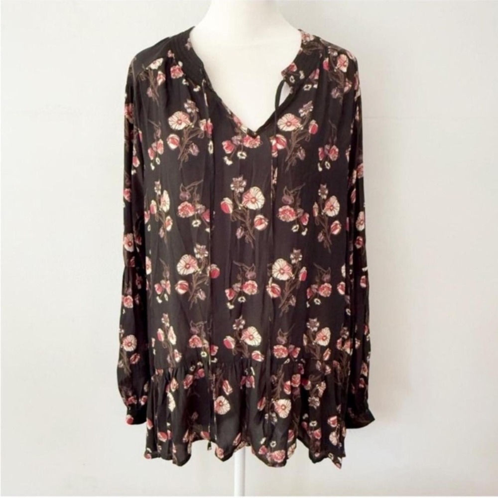 Falls Creek Tunic Blouse Women 2X Black Floral Peplum Boho Long Sleeve V-Neck